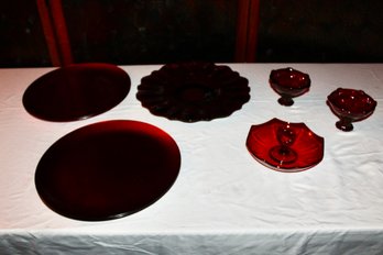 LOT OF VINTAGE RED GLASS - CANDY HOLDER - PLATTER - (4) PLASTIC RED DISHES - ITEM#205 LVRM