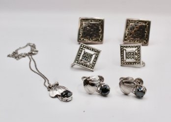 STERLING SILVER CLIP ON EARRINGS & NECKLACE SET W/ CHARM - LOT OF 4  - ITEM#240 BOX