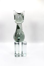 MURANO MILLEFIORI GLASS CAT FIGURINE ON STAND - CLEAR - 1980s - ITEM#07 RM1