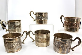 VINTAGE SILVER OVER COPPER TEA CUP HOLDERS - LOT OF 6 - ACCENTED WITH RAISED ROSES! - ITEM#125 RM1