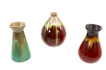 VINTAGE SMALL GLAZED VASES (3) - VARIOUS DRIPPED COLORS - GREEN - RED - GOLD/RED - M#136 DR
