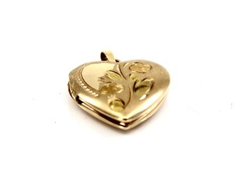 VINTAGE GOLD HEART LOCKET CHARM - ETCHED WITH FLOWERS - 14K - 2.8 GRAMS - ITEM#158 BOX