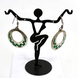 VINTAGE SILVER LOOP EARRINGS - GREENSTONE ACCENT - TURQUOISE INLAID - MADE IN MEXICO - ITEM#175 BOX