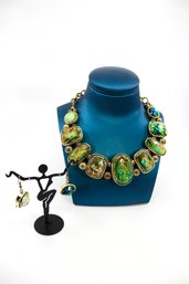 VINTAGE DICHROIC GLASS NECKLACE AND EARRINGS SET - GREEN - ITEM#195 BOX
