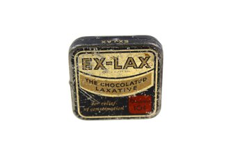 VINTAGE EX-LAX TIN - THE CHOCOLATED LAXATIVE - MADE IN BROOKLYN, NY - ITEM#205 BOX