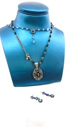 VINTAGE NECKLACES AND EARRINGS (3) - BLUE GLASS - BLACK CRYSTAL - AUSTRIAN CRYSTAL EARRINGS - ITEM#230 BOX