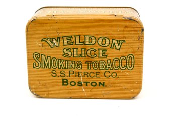 VINTAGE WELDON SLICE SMOKING TOBACCO 8 OZ. TIN BOX - SS PIERCE CO. - BOSTON- ITEM#270 RM1