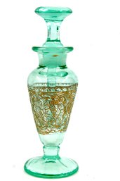 VINTAGE GLASS PERFUME BOTTLE - GREEN - GOLD - ITEM#282 RM1