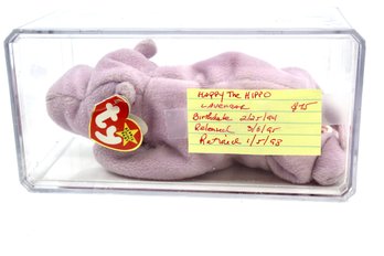 VINTAGE 'HAPPY THE HIPPO' BEANIE BABY - KEPT IN LUCITE CONTAINER - LAVENDER - 1994-1998 - ITEM#289 RM1