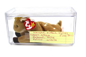 VINTAGE 'WHISPER REINDEER' BEANIE BABY - KEPT IN LUCITE CONTAINER - ERRORS ON TAGS - 1997-1999 - ITEM#294 RM1