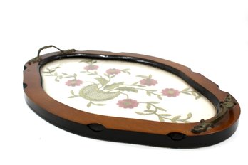 VINTAGE EMBROIDERED TRAY - LEATHER LIKE BOTTOM - WOODEN HAND CARVED EDGE - VERY UNIQUE - ITEM#313 RM1