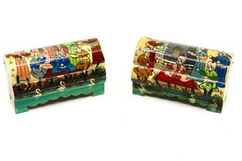 VINTAGE HAND CARVED BONE TRINKET BOXES - LOT OF 2 - UNIQUE - BRIGHT COLORS - ITEM#346 RM1