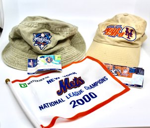 NY MET'S LOT - NAT'L LEAGUE CHAMPS '00 FLAG - 1999/2000 TICKETS - 2000 PIN - 2 HATS - ITEM#365 RM1