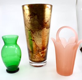 VINTAGE VASES - LOT OF 3 - MIKASA (PINK) - GREEN - RED & GOLD - ITEM#416 RM2