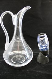 VINTAGE GLASS DECANTER AND WINE AERATOR W/SACK - FROSTED HANDLE - ITEM#456 LVRM