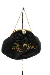 ANTIQUE WOMEN'S HAND EMBROIDERED PURSE/POUCH - BLACK - FRANCE - GOLD & FLOWERS - ITEM#498 RM2