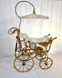 ANTIQUE PARASOL DOLL STROLLER WITH DOLL - WOOD - RATAN - METAL - AMAZING CONDITION - ITEM#531 RM1