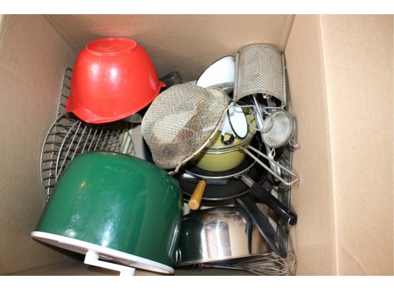 BOX Of Assorted Kitchen Appliances  - Bowls, Cast Iron Pot, Jade Electric Fan, Utensils & MORE!! - Item #72