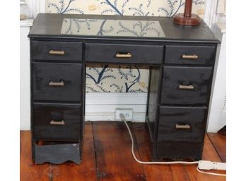 Vintage Black Wood Office Desk - 7 DRAWERS, Rolling Office Chair & Lamp!! Item #88