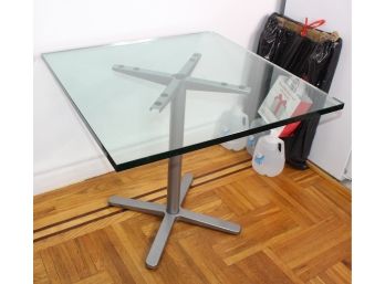 Square Custom Made Glass Table  1' Thick - Industrial Style Base! Good Condition - Item #12