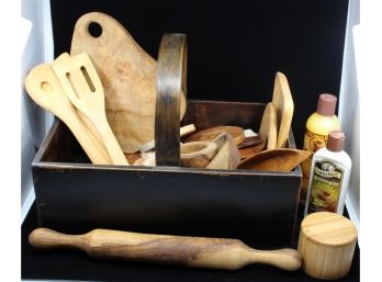 Mixed Lot Of Wood Utensils, Cow Coasters & Wood Basket - Good Condition! - Item #24