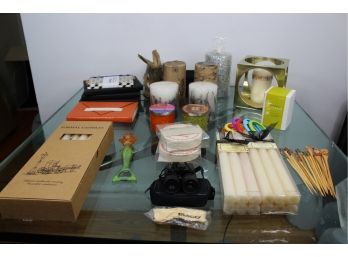 Mixed Lot Of Decorative Items - Tasco Binoculars, Journals, Candles, CB2 Candle Holder, Carved Stirrers & MORE! Good Condition - Item #31