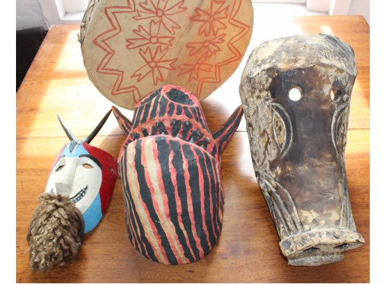 Vintage Masks, Drum, Paper Mache And Wood Carved Art - Mixed Lot Of 5!!! - Item #141