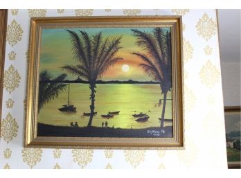 Vintage Framed Signed Art Work - 'Sunset' By Suzanne M - Oil On Canvas! Good Condition - Item #12