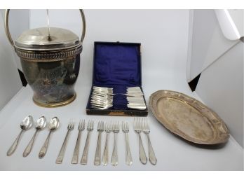 Mixed Silver Plated Lot - Cocktail Forks, Ice Bucket, Serving Spoons, & More! Good Condition - Item #67