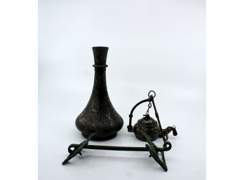 Primitive Lot Of 3 - Vase, Tea Kettle + Copper Handle ! Good Condition - Item #54