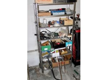 Mixed Lot Of Tools W/Shelf Unit - Hammers, Paint Brushes, Black & Decker, Sabre Saw & MORE! Item #68 GAR
