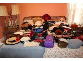 Mixed Lot Of Contents On Bed - Hats, Gloves, Hair Producs, Purses & MORE!! - Item# 038
