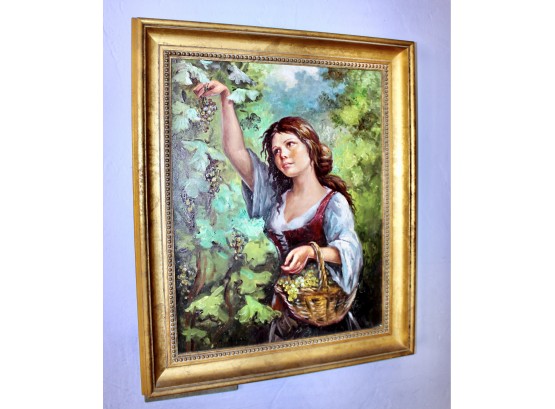 SIGNED Vintage Framed Artwork - Beautiful Woman Picking Grapes  - OIL ON CANVAS - EXQUISITE!! Item #371 DR