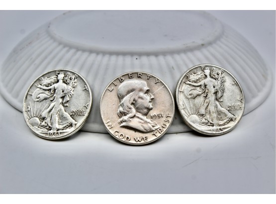 Walking Liberty & Benjamin Franklin Silver Half Dollars - 1943, 1945 & 1951 - Lot Of 3!! Item#413 BOX