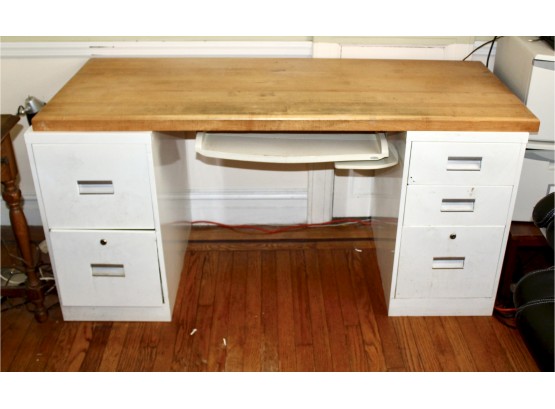 Butcher Block File Cabinet Table W/ Mounted Keyboard Drawer & Vintage Wood Chair - HOME MADE!! Item #16 BR2