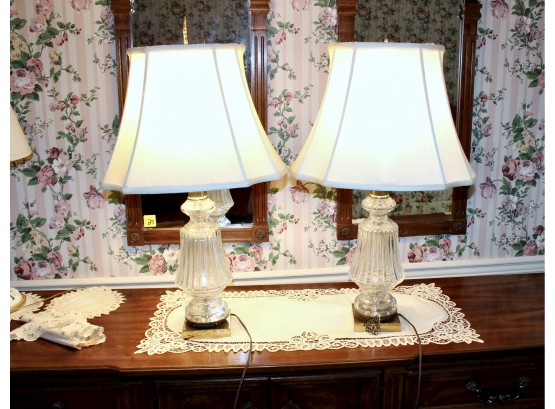Vintage Brass Base Crystal Lamps - Lot Of 2 - Lamp Shades INCLUDED - WORKS!! Item #30 BR3