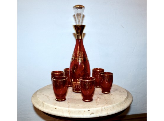 Vintage Venetian Decanter Red & Gold Glass Set - Set Of 6 - GOOD CONDITION!! Item #236 DR