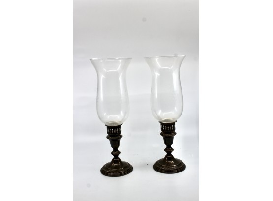 EMPIRE STERLING WEIGHTED SILVER Hurricane Lamps W/ Etched Glass - Lot Of 2!! Item#406 DR