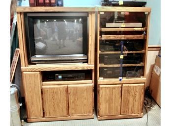 Vintage Two Piece TV & Stereo Stand W/ Glass Door & VHS Tapes Included - GOOD CONDITION!! Item#74 BSMT