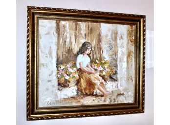 FERRAR OR FEUARA? Signed Framed Art - Italian Girl Holding Flowers - OIL ON CANVAS - GOLD FRAME!! Item #358 LR