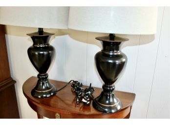 Lot Of 2 Black Table Lamps - Unique Light Metal Design W/ Original Lamp Shade - WORKS!! Item#128 LVRM