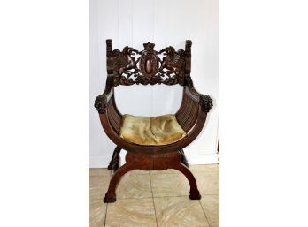ANTIQUE 19th Century Hand Carved Wood Savonarola Chair - Griffin Head Accent  - AMAZING DETAIL!! Item#118 LVRM