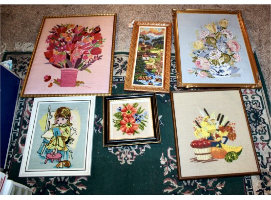 MIXED FRAMED ART LOT - Embroidered Wall Art - Assorted Sizes - Lot Of 6 - SOME AMAZING PIECES!! Item#162 LVRM