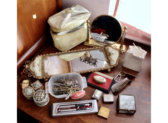VINTAGE DECORATIVE LOT - Vanity Tray, Pill Boxes, Nail Clippers, Mirror, Pens & More! Item#127 RM2