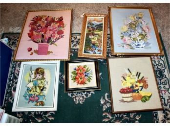 MIXED FRAMED ART LOT - Embroidered Wall Art - Assorted Sizes - Lot Of 6 - SOME AMAZING PIECES!! Item#162 LVRM