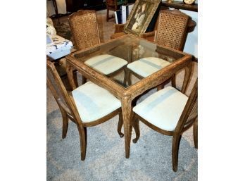 VINTAGE Distressed Wood Glass Top Table W/ 4 Rattan Accented Dining Chairs - GREAT SPACE SAVER! Item#19 LVRM
