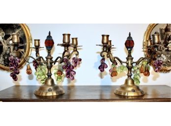 HOLLYWOOD GLAM Vintage Candle Holders - Glass Fruit Accent - Lot Of 2 - RETRO UNIQUE DESIGN! Item#28 LVRM