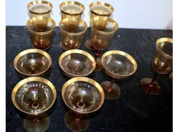MID CENTURY MODERN Gold Accented Glassware - 7 Large Glasses - 6 Small Glasses - Lot Of 13!! Item#74 RM1