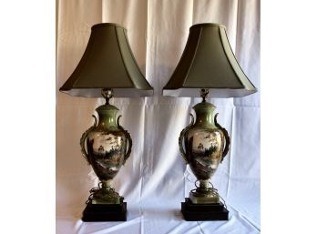 ANTIQUE TABLE LAMPS - LOT OF 2 - SIGNED BELCLAIR - HAND PAINTED - WORKS! Item#06 RM2