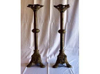 ANTIQUE BRASS CHURCH ALTER CANDLESTICK HOLDERS - LOT OF 2! Item#08 RM2